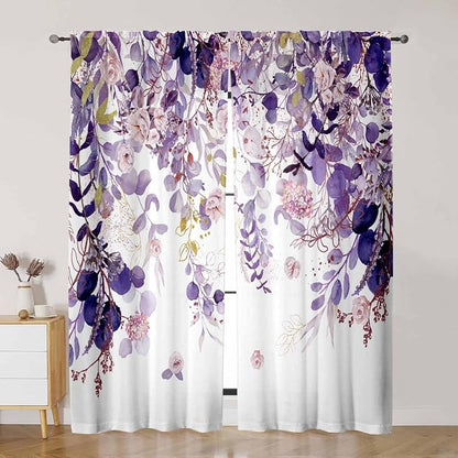 Purple Floral Sheer Curtains 84 Inch Length 2 Panels, Eucalyptus Leaves - Image 3
