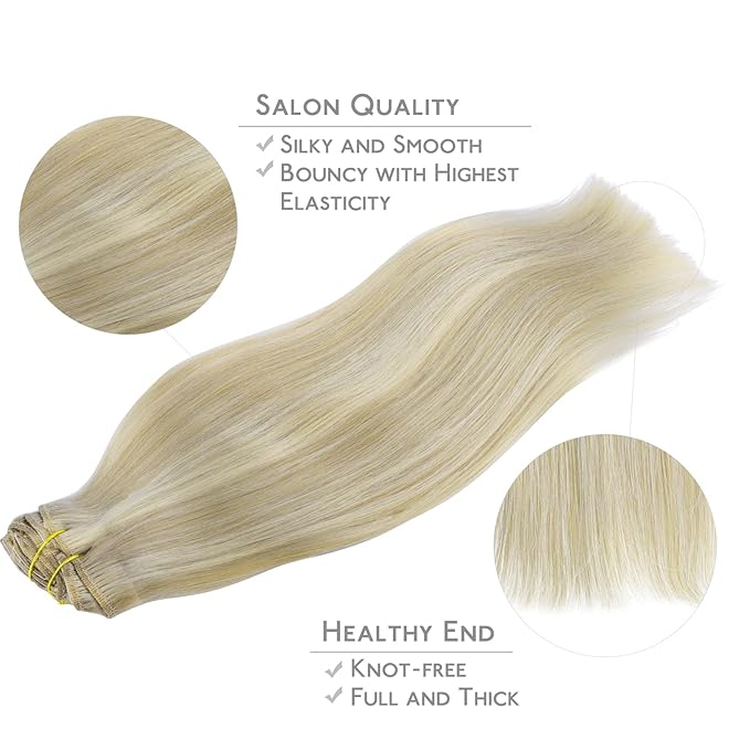 WENNALIFE Hair Extensions Clip In, 9pcs 20inch 150g Ash Blonde Highlighted Platinum Blonde Thicker Clip In Hair Extensions Real Human Hair Remy hair extension Double Weft Clip in Human Hair Extensions