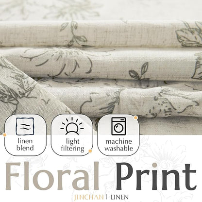 jinchan Gray Floral Linen Curtains Lined 84 Inch Vintage Back Tab 2 Panels | - Image 2