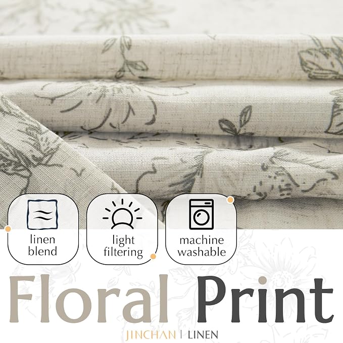 jinchan Floral Linen Curtains Lined 108 Inch Farmhouse Back Tab 2 Panels | - Image 2