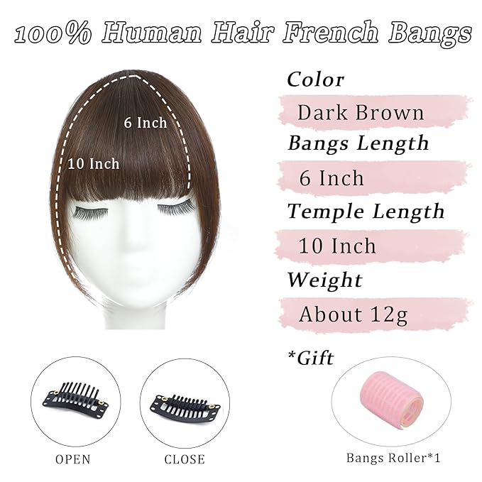 Clip in Bangs Real Human Hair Dark Brown French Bangs Fringe with Temples Thick Curtain Bangs Clip on Bangs Curved Fake Bangs Hairpieces for Women for Daily Wear