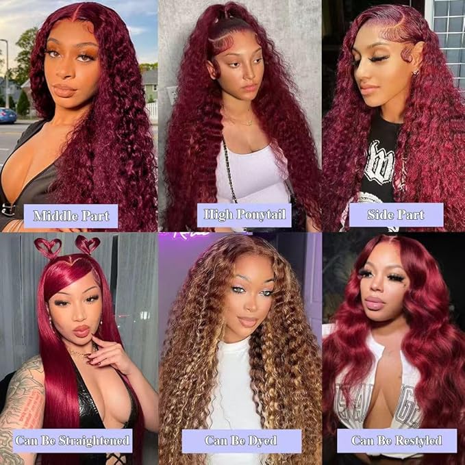 99j Burgundy Lace Front Wigs Human Hair 13x6 Deep Wave Lace Front Wigs 200 Density Burgundy Wig Human Hair Pre Plucked Red Colored Glueless Deep Wave Wig for Women 24 Inch