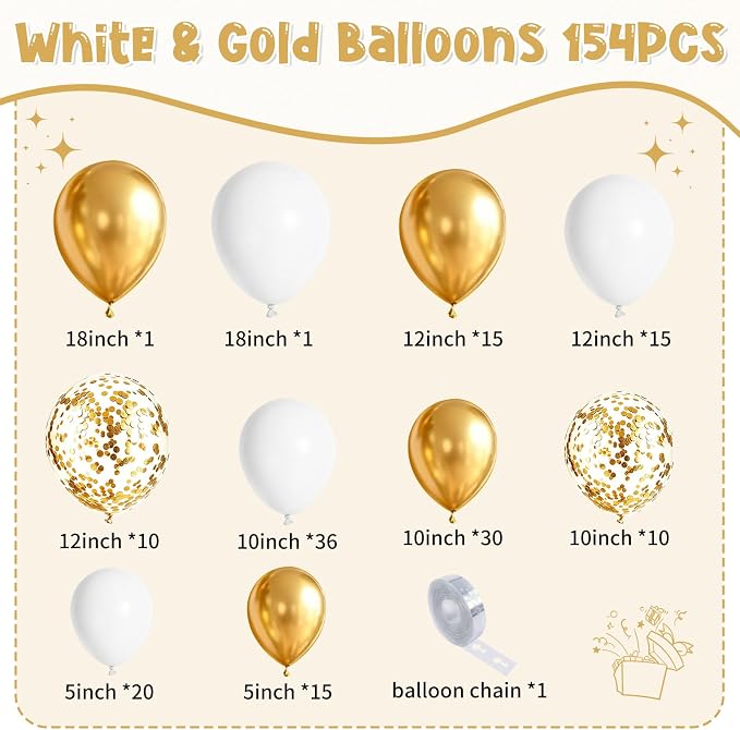 154 PCS White and Gold Balloon Arch Kit, Different Sizes - Image 3