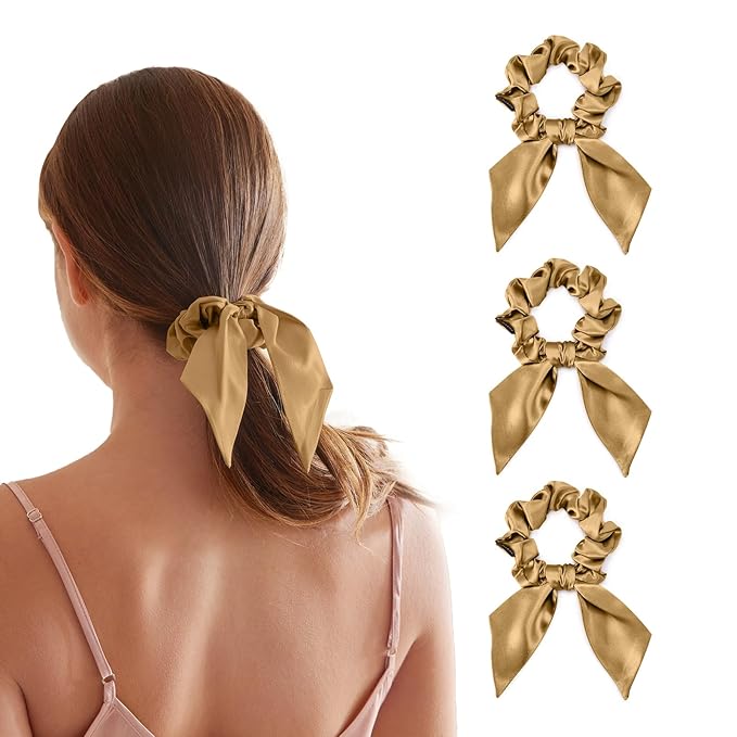 THXSILK 100% Mulberry Silk Bow Scrunchies 3-Pack, 22 Momme Mulberry Silk Hair Ties for Women, Cute Bunny Ear No Damage Ponytail Holders, Fashion Hair Accessories for Girls(M, Metallic Gold)