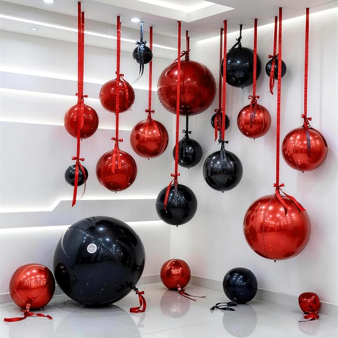 9 Pcs Black Red Round Foil Balloons Halloween Balloon | 22 In Black Metallic - Image 8