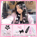 36Pcs Valentine's Day Pink Bow Hair Clips Y2K Star Hair Barrettes for Women Metal Snap Hair Clips Mini Black Satin Hair Bows Water Drop No Slip Hair Pins Accessories for Girls