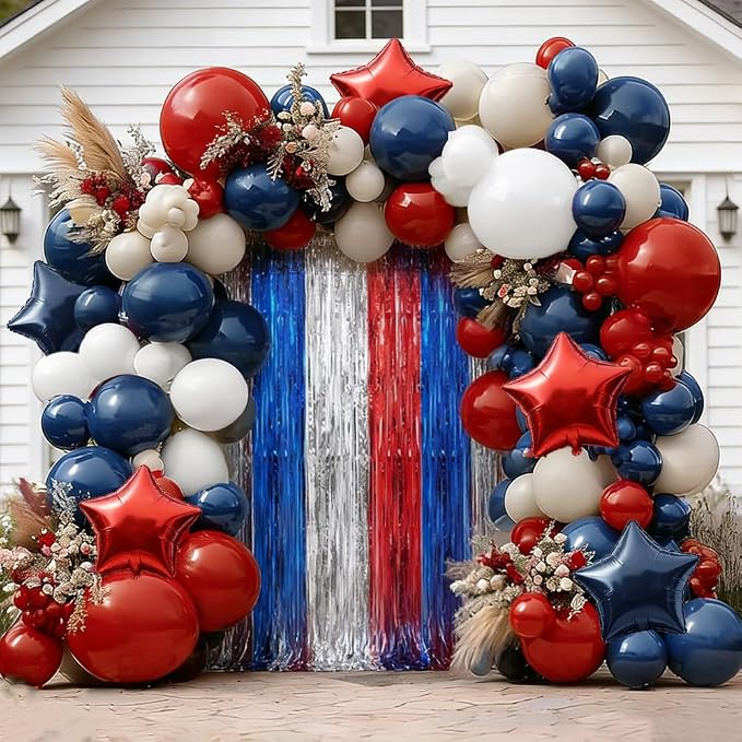 Navy Blue Red Balloon Garland Double Stuffed Red White Blue Balloons Nude Cream by Pinbra