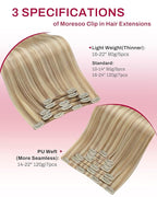 Moresoo Clip in Hair Extensions Real Human Hair Double Weft Human Hair Clip in Extensions Straight Dark Ash Blonde Highlight with Golden Blonde 5pcs 80g 16inch