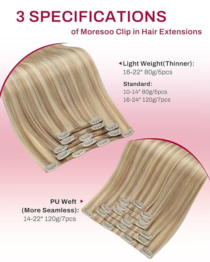 Moresoo Real Human Hair Extensions Clip ins Highlighted Blonde Clip in Human Hair Extensions Golden Blonde with Medium Blond Remy Straight for Wedding Long 80g/5pcs 20 inch