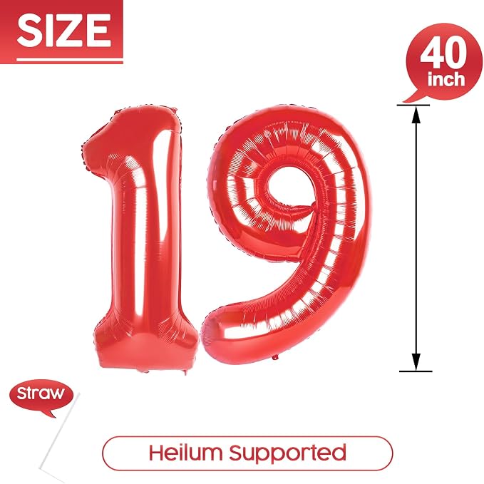 19 Balloon - Red Birthday Number Balloons, 40 Inch Decorations Men Women | Red - Image 5