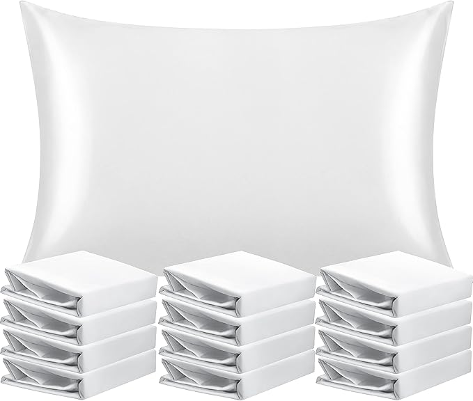 NTBAY 12 Pack Satin Standard Pillowcases for Hair and Skin, Luxurious and Silky Pillow Cases with Envelope Closure, 20x26 Inches, White