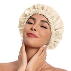 Reusable Shower Cap for Women, Stylish Large Waterproof Shower Bonnet Washable Wide Elastic Band Hair Cap for Long Hair, Braids Bath Hat(Champagne)