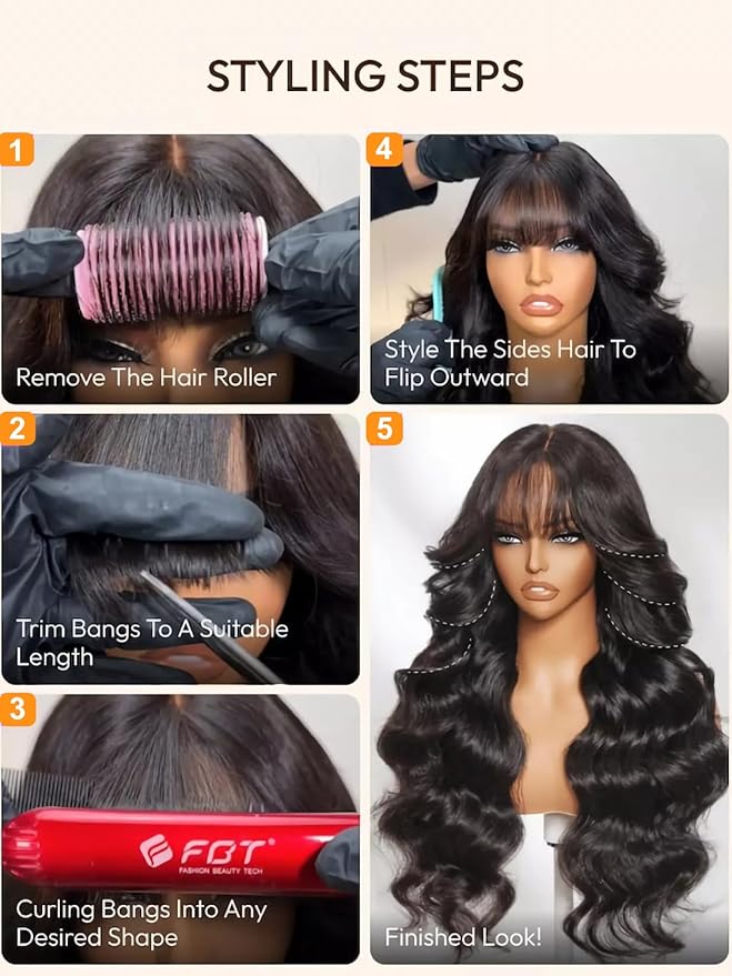 Julia Hair Bye Bye Knots Curtain Bangs Wig Glueless Fluffy Natural Loose Wave Pre Cut 7x5 HD Lace Front Wigs Invisible Pre Plucked Pre Everything Body Wave Put on and Go Wig for Women 22 Inch