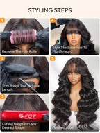 Julia Hair Bye Bye Knots Curtain Bangs Wig Glueless Fluffy Natural Loose Wave Pre Cut 7x5 HD Lace Front Wigs Invisible Pre Plucked Pre Everything Body Wave Put on and Go Wig for Women 22 Inch