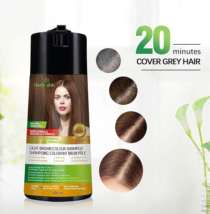 Herbishh Light Brown 3 in 1 Hair Dye Shampoo 400 ML PPD Free + Hair Color Stain Protector – Dye Shield or Defender for Skin