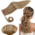 RUNATURE Human Hair Ponytail Extension Blonde Ponytail Hair Extension Dark Blonde Highlight Caramel Blond Short Ponytail Human Hair Extensions Straight Pony Tails Hair Extension 12 Inch 70g
