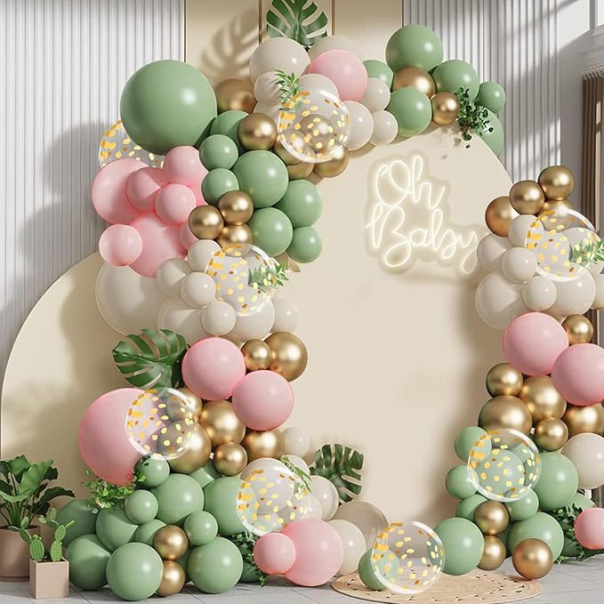 Sage Green Pink Gold Confetti Balloons Arch Kit, Party Decor | Olive green by Bloces