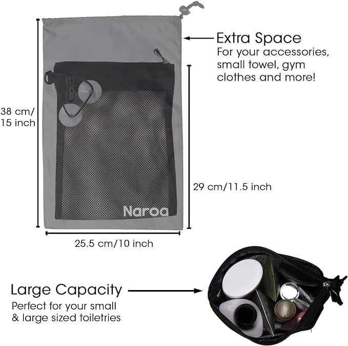 Naroa Waterproof Multifunctional Toiletry Shower Bag for Gym, Travel, Business and Foldable Portable Hanging Bathroom Mesh Caddy with Wet & Dry Storage Suction Hook Tote for Men Women