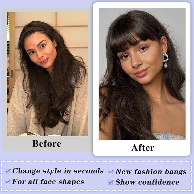 NAYOO Bangs Hair Clip- Dark Brown Fake Bangs 100% Real Human Hair Extensions Wispy Bangs for Women Fringe with Temples Hairpieces Curved Bangs for Daily Wear（Dark Brown Wispy Bangs）