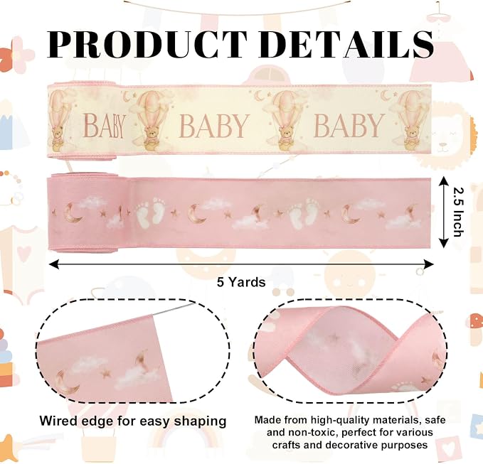 YKW 2.5 Inch Baby Pink Ribbon Wired Edge Teddy Bear Hot Air Balloon Ribbon - Image 2