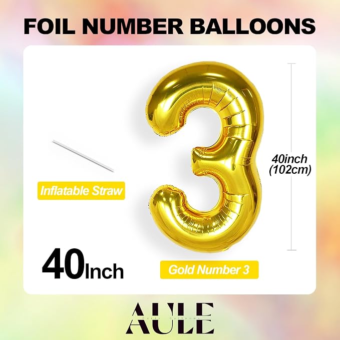 AULE 40 Inch Gold 3 Balloon Number Foil 0-9 Birthday Big Numbers | Birthday - Image 4