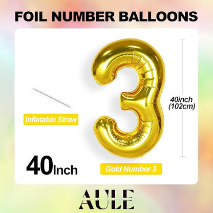 AULE 40 Inch Gold 3 Balloon Number Foil 0-9 Birthday Big Numbers | Birthday - Image 4