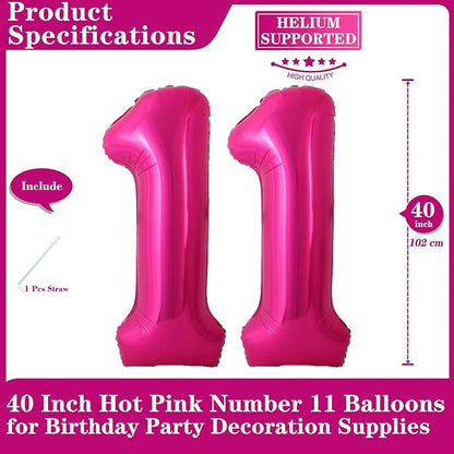 Hot Pink 11 Number Balloons, 40 Inch Giant Number 11 Balloons Foil Mylar Helium - Image 2