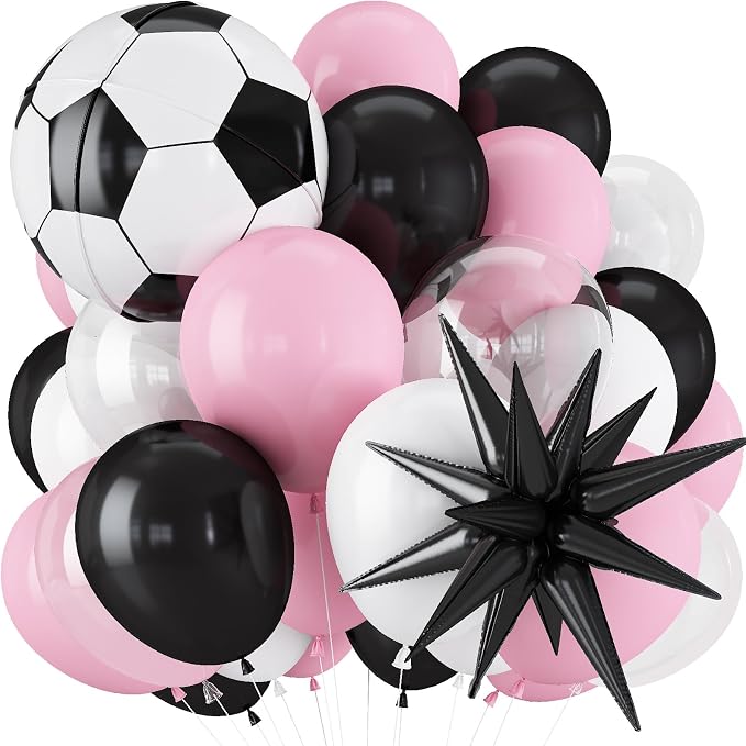 Light Pink and White Soccer Balloons, 12 Inch Pastel Pink and Black Clear by Govpy