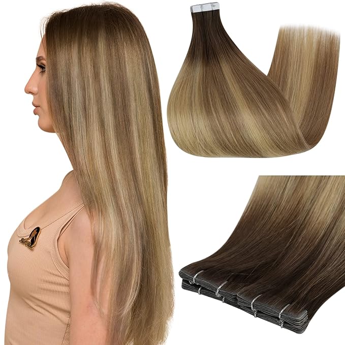 Full Shine Virgin Injection Tape in Hair Extensions 5Pcs Color 3 Brown Fading to 8 Ash Brown And 22 Blonde 14 Inch Seamless Intact Tape in Hair Remy Tape in Human Hair 10 Gram Natural Straight Hair