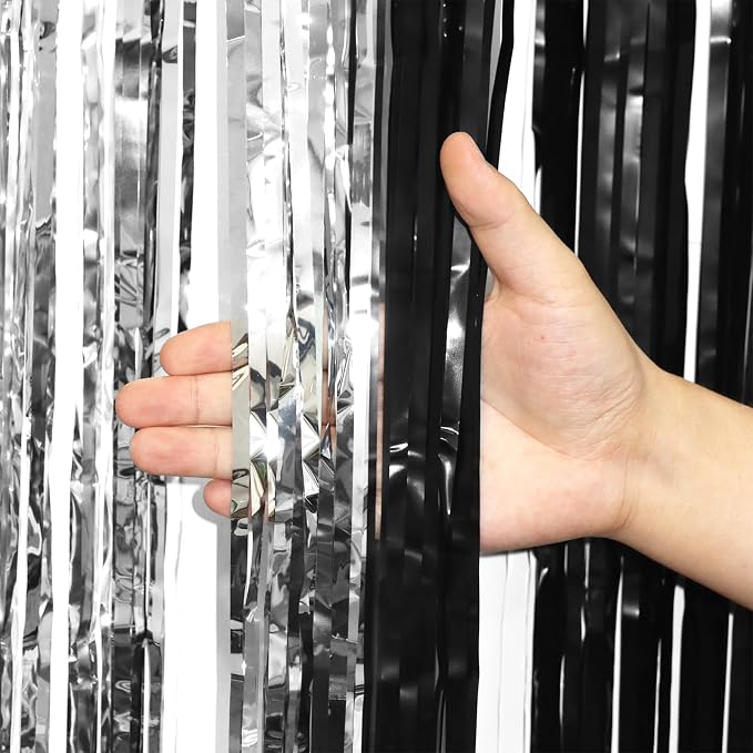 Voircoloria Black Silver Foil Fringe Backdrop Curtains, 2 Pack | Tinsel - Image 2
