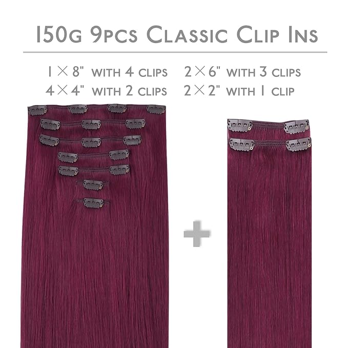 WENNALIFE Light Burgundy Human Hair Extensions - 150g 24 Inch 9pcs Clip in Hair Extensions, Thicker Double Weft Real Human Hair Set
