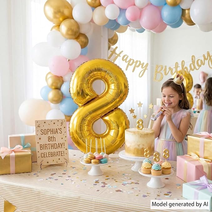 Gold Number 8 Balloon 40 Inch, Shiny Gold Foil Decor - Image 2