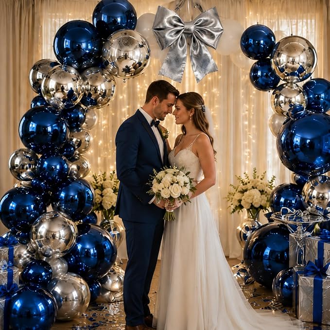 9 Pcs Blue Silver Round Foil Balloons Dark Navy Blue Metallic Silver Chrome 4D - Image 8