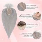 Real Human Hair Toppers for Women 3.54"*4.72" Silky Base 150% Density With Bangs Adjustable Parting Clip-In Topper Hairpieces for Women with Thinning Hair 14 Inches Silver Grey