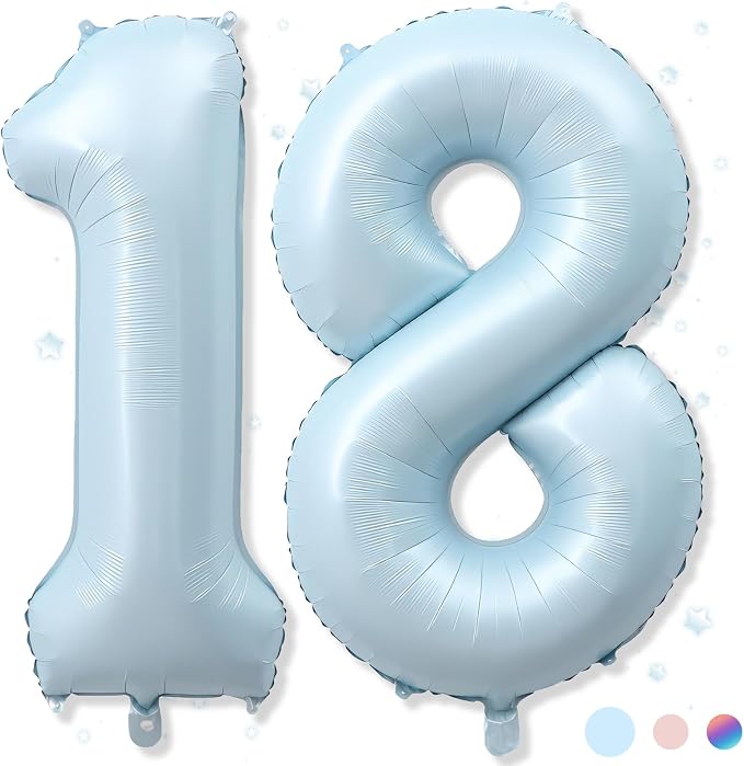 40 Inch 18 Balloon Number, Large Pastel Baby Matte Blue Foil Number 18 Balloons by Froova