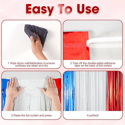 Voircoloria Red White Blue Foil Fringe Backdrop Curtains, 3 Pack | Tinsel - Image 4