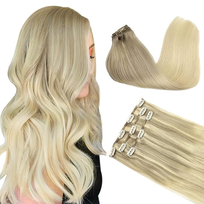 DOORES Hair Extensions Clip in Human Hair, 3pcs 65g 18 Inch Balayage Ash Blonde to Golden Blonde and Platinum Blonde Clip in Hair Extensions Straight Natural