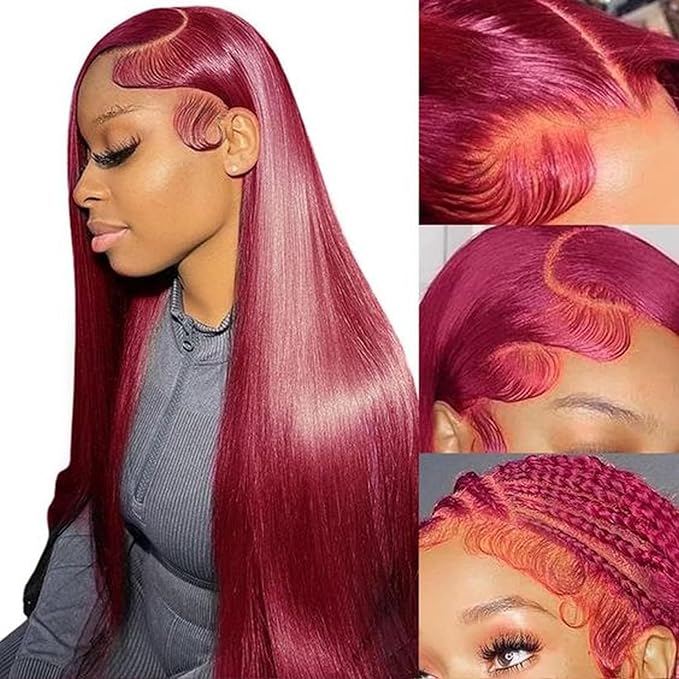 Burgundy Wig Human Hair 28inch 13x6 HD Transparent Lace Straight 99J Red Human Hair Wig Colored Reddish Brown Lace Frontal Wigs 180% Density Pre Plucked