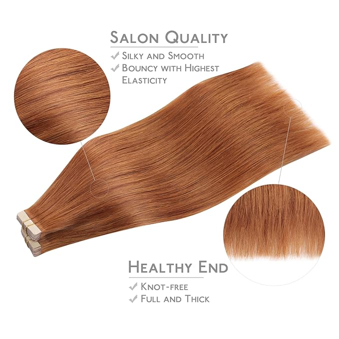 WENNALIFE Tape in Hair Extensions, 40pcs 100g 24 Inch Dirty Ginger Human Hair, Straight Invisible Reusable Real Extensions