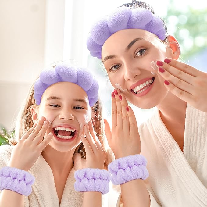Zkptops Spa Headband for Washing Face Wristband Set Sponge Makeup Skincare Headband Terry Cloth Bubble Soft Get Ready Hairband Women Girl Puffy Padded Headwear Non Slip Thick Hair Accessory(Purple)