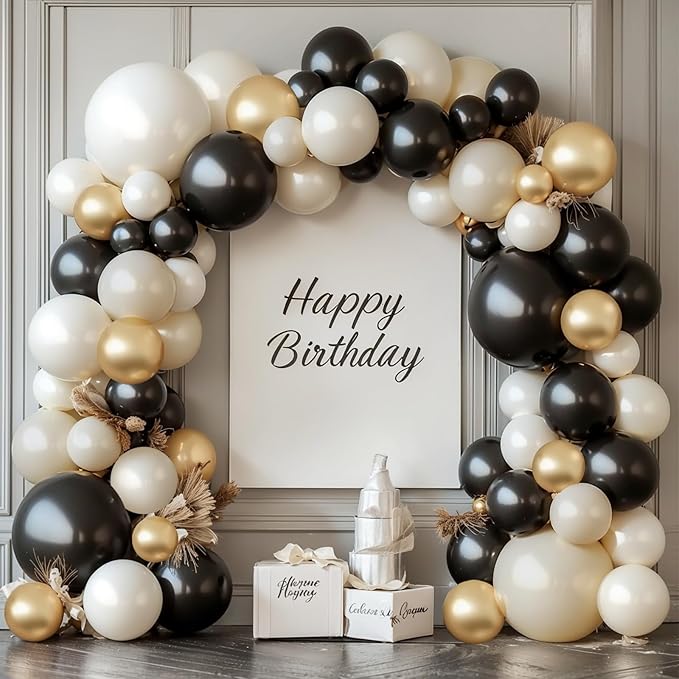Black White Gold Balloon Arch Kit, Double Stuffed, Party | Pearl Sand White by Zesliwy