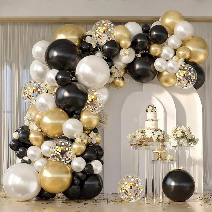 Double Stuffed Black Gold White Confetti Balloon Arch Kit 129 Pcs | Back to by Vanjehou