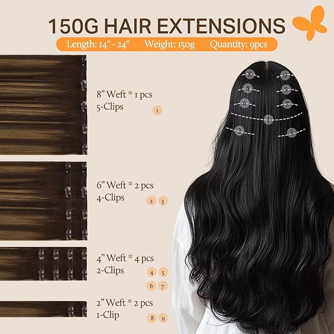 DOORES Human Hair Clip in Extensions, Balayage Dark Brown to Chestnut Brown 14 Inch 9pcs 150g, Hair Extensions Real Human Hair Clip ins Remy Hair Extensions Clip in Human Hair Straight Thick