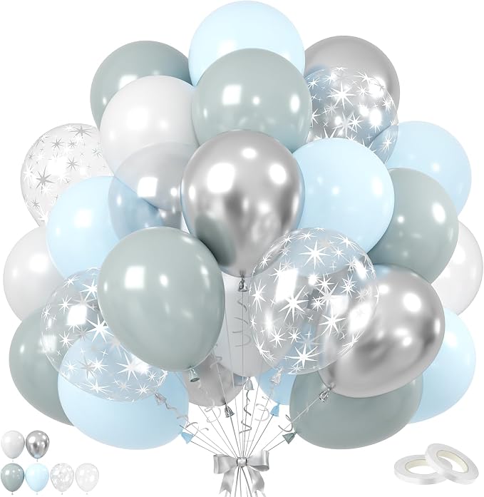 Dusty Blue Party Balloons, 12 Inch Star Printed Transparent Latex Balloons by BIAPIAN