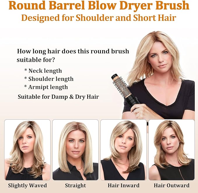 Round Hair Blow Dryer Brush - 1.2 Inch Ceramic Barrel Hair Dryer Brush for Short/Middle Hair, One Step Drying, Volumizing, Straightening and Styling, Negative Ionic Dryer Brush(Black-Brass, 1.2)