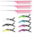 Rat Tail Comb Hair Clips Set: 3Pcs Rat Tail Combs, Hair Styling Combs for Women and 7 Professional Sectioning Hair Clips (Pink)