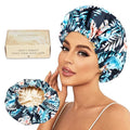 Large Shower Caps for Women Reusable Waterproof Satin Lined Shower Cap with Adjustable Band Double Layer Design Luxury Washable Bath Hair Bonnet (Black Palm)
