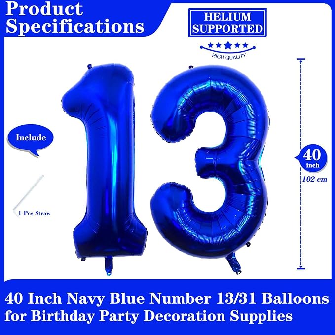 Navy Blue 13 Number Balloons, 40 Inch Giant Number 13 Balloons Foil Mylar - Image 2
