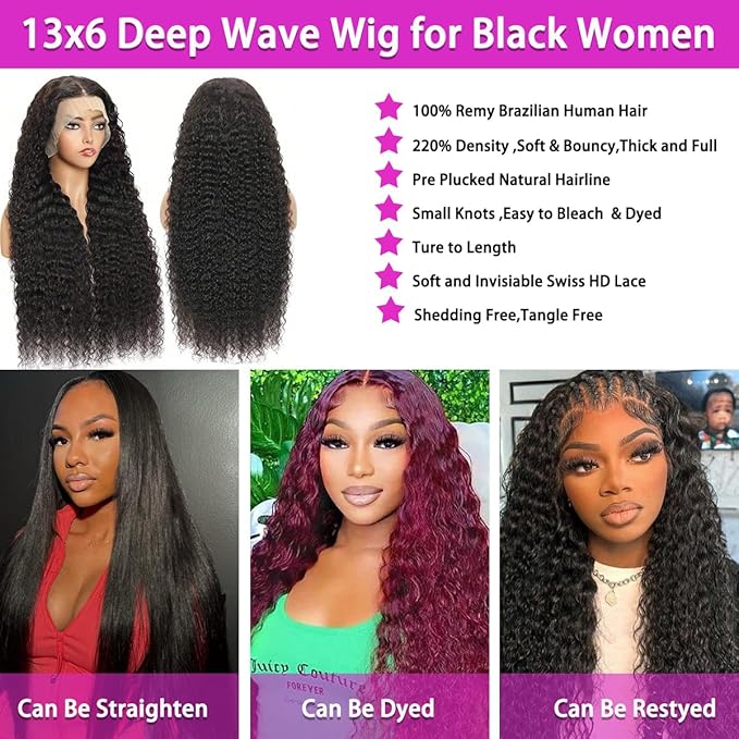 Deep Wave Lace Front Wigs Human Hair 13X6 HD Lace Frontal Wigs for Black Women Wet and Wavy Deep Curly Wig Human Hair Glueless Wigs Human Hair Pre Plucled 24Inch