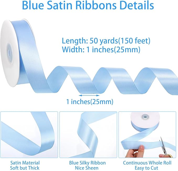 woric Blue Satin Ribbon 1 Inch 50 Yards Light Baby Blue Ribbon | Baby Shower - Image 2